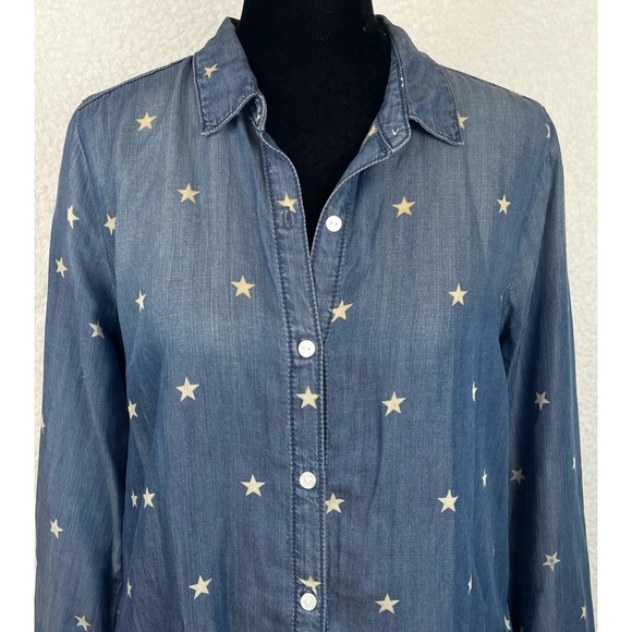 SNEAK PEEK • Blue Chambray Denim Star Print Long Sleeve Button-Down Shirt - Picture 3 of 14